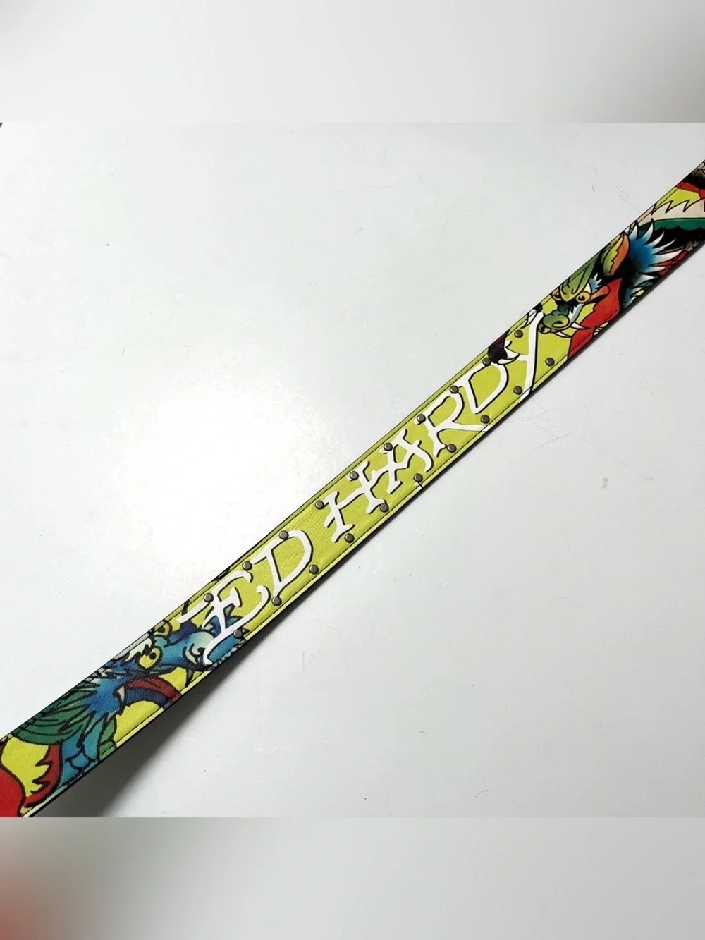 Ed Hardy Dragon Belt Neon Yellow Studded Grommet Faux Leather Men’s Y2K NWT